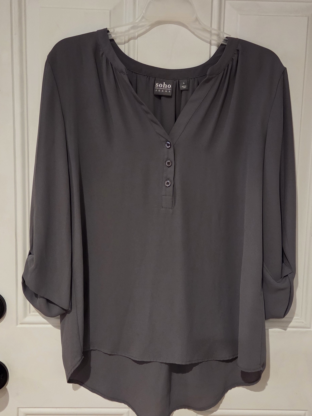New York & Company SOHO Charcoal Gray V-Neck Button Blouse - Size S